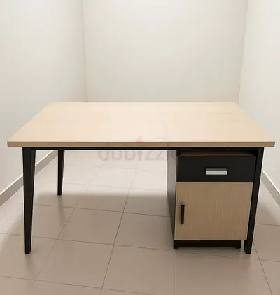 Light wood office desk with drawer and cabinet — good condition