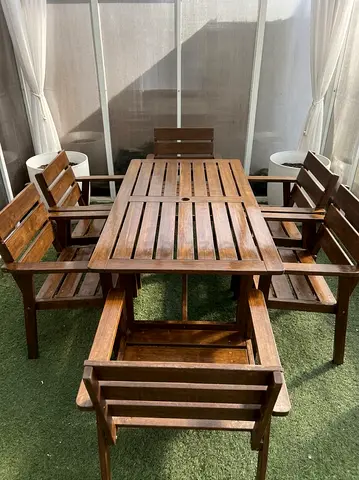 Solid Wooden Outdoor Dining Table with 6 Armchairs - Good Condition