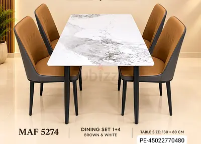Dining table set 1+4 with marble-look top and brown leather chairs (130x80 cm)