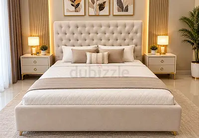 Beige Upholstered Double Bed with Tufted Headboard - Like New