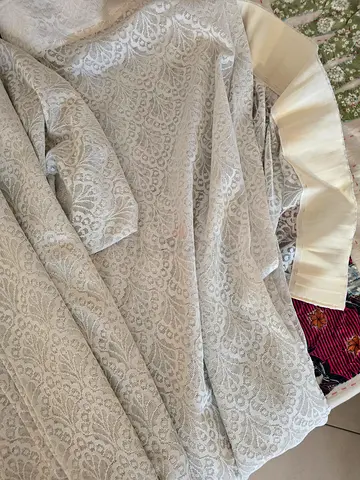 Light grey patterned curtain panels with pleated header - single