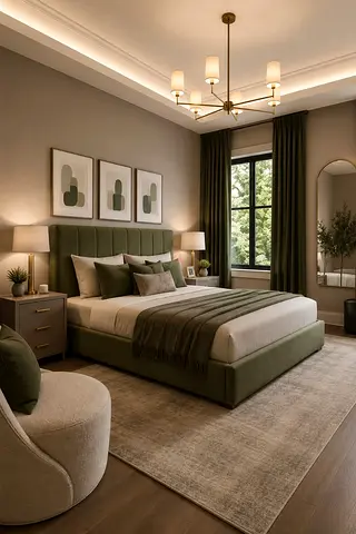 Green upholstered bed with optional matching nightstands