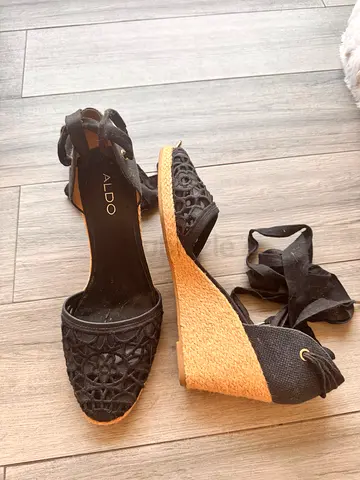 ALDO Black Lace Espadrille Wedge Sandals with Ankle Wraps, Size 41