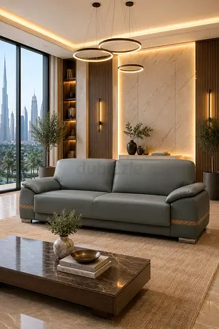 Modern Grey Leather 3-Seater Sofa
