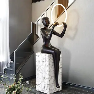 Modern Bronze-Style Figurative Statue on Marble Plinth with LED Ring (Large)
