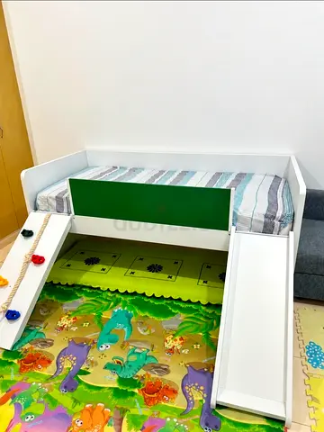 White Kids Bed with Slide and Climbing Ramp with Mattress Home Centre brand — Excellent Condition