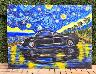 Starry Night Painting / Sports Car Original Acrylic Canvas Painting/ Van Gogh Inspired