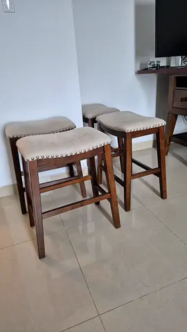 Set of 4 Wooden Upholstered Bar Stools — Beige Seats, Good Condition