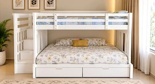 White wooden bunk bed with stairs and under-bed drawers (Double on bottom)