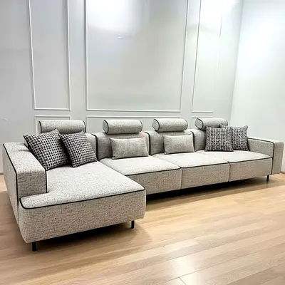 Modern L-shaped Fabric Sofa with Chaise - Light Grey