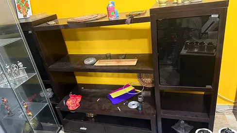 Dark Wood Display Cabinet / Shelving Unit with Glass Door