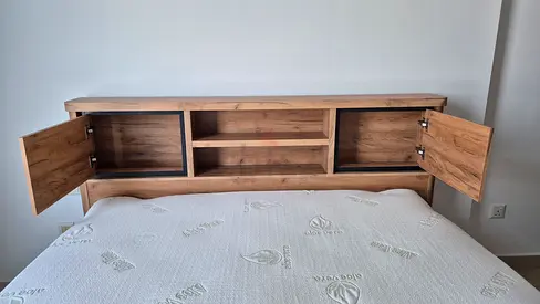 Wooden Double Bed with Built-in Headboard Storage — Perfect Condition