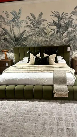 Green Upholstered King Bed with Padded Headboard