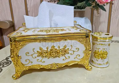 European-Style Gold Tissue Box with Matching Toothpick Holder for sale