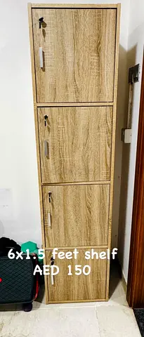 Tall 6x1.5 ft Wooden Storage Cabinet with 3 Lockable Compartments - Oak Finish