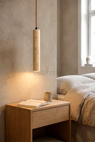 Minimalist Cylindrical Pendant Bedside Lamp — Beige Stone Finish