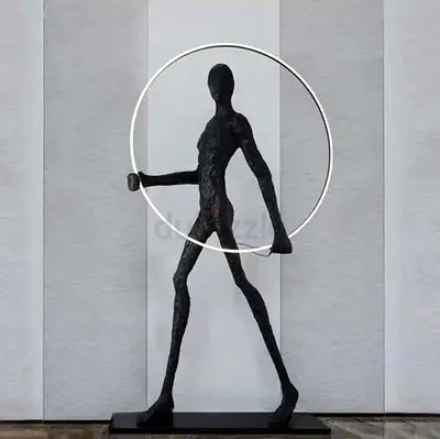 Modern Abstract Walking Man Sculpture with Metal Hoop — Black Resin/Metal led 3color
