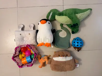 For FREE: Baby soft toys bundle: plush croc, penguin, rattle & feeding bib set