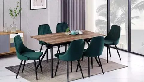 Modern 6-Seater Dining Table with Green Upholstered Chairs