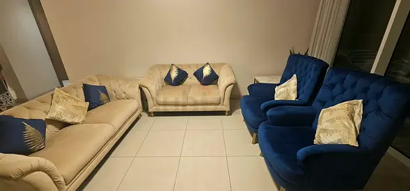 Beige 3-seater + 2-seater sofas with 2 blue armchairs - Good condition