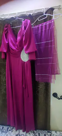 Magenta formal dress with matching embellished sash and tulle overlay - size L