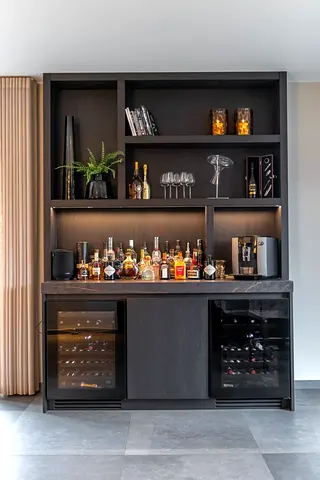 Modern Dark Wood Home Bar Cabinet with Wine Fridges space and Open Shelving