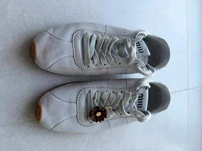White Miu Miu Leather Sneakers with Flower Charm - Size 38 1/2