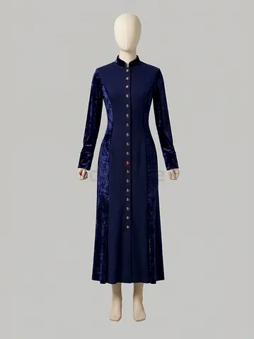 Navy Long Velvet Abaya-Style Maxi Dress with Button Front