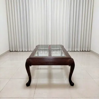 Wooden Glass-Top Coffee Table with Curved Legs - Dark Brown