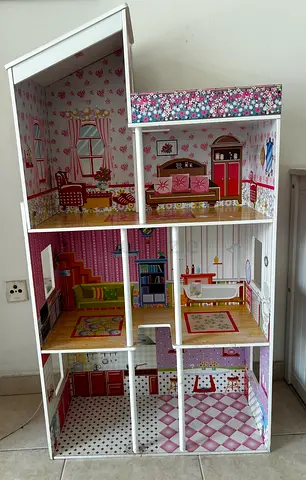Wooden 3-Storey Dollhouse with Furnished Stickers