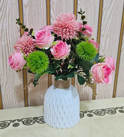 Artificial Pink Rose & Green Pom Flower Arrangement with White Vase