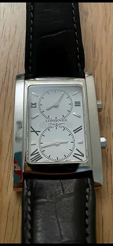Longines rectangular men's wristwatch with black leather strap