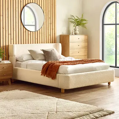 Wingback low headboard queen thick boucle bed