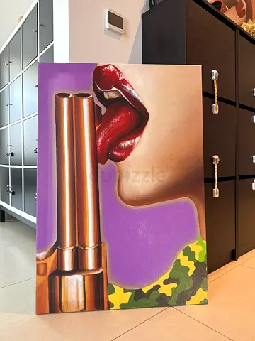 Contemporary Pop-Art Painting of Woman with Revolver Motif