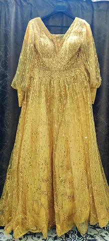 Gold Beaded Long Evening Gown with Sheer Sleeves - Size Approx M/L