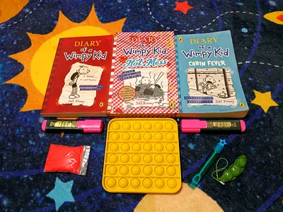 Relax and Unwind Set (Diary of a Wimpy Kid [Hot Mess, Cabin Fever, Original] + Extra Relax Supplies)