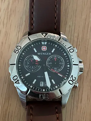Wenger Swiss-made men's chronograph watch with brown leather strap
