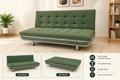 Green Convertible Sofa Bed with Metal Legs - Compact, Tufted Design