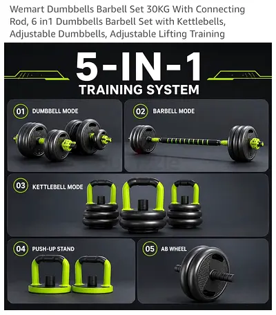 Adjustable Dumbbell & Barbell Set 30kg with Connecting Rod and Kettlebell Handles