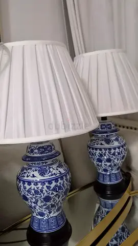 2 pcs_ Pair of Blue & White Ceramic Table Lamps with White Shades