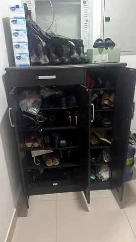 Dark Wooden Shoe Cabinet shoe rack with Storage Shelves and Drawer