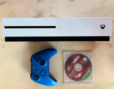 White Xbox One S console with blue controller and NBA 2K14 disc