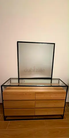 Wooden 6-Drawer Dresser with Metal Frame and Mirror+nightstand+bed+matress