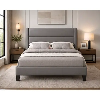 Modern Grey Upholstered Bed Frame with Headboard - Queen/