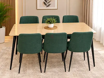 Modern 6-Seater Dining Table with Green Upholstered Chairs