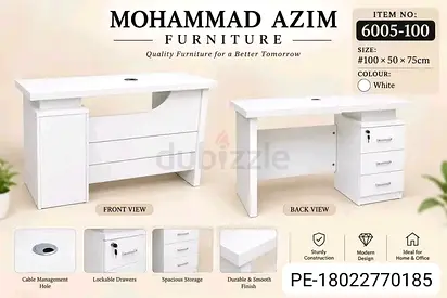 White Office Desk with Lockable Drawers and Cable Management