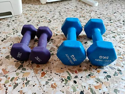 Pair of neoprene dumbbells — 2kg and 5kg sets (used)