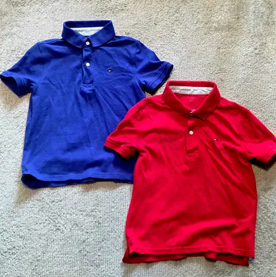 Two Tommy Hilfiger Kids Polo Shirts - Blue & Red, Size 6-7 years