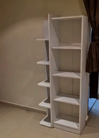 White wooden bookshelf with side staggered shelves - good condition