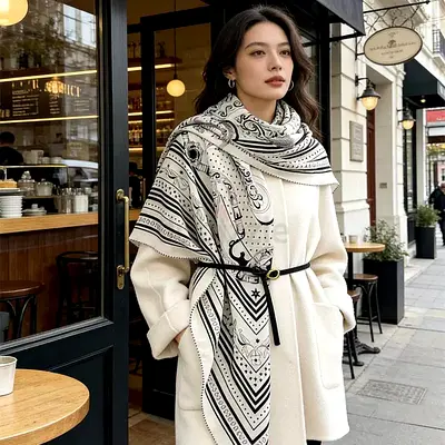 Large black & white patterned silk scarf / shawl — stylish oversized wrap